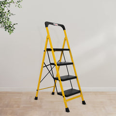 Primax Heavy-Duty GI-Steel Ladder Safety-Clutch Lock and Tool Tray/Step Ladder for Home - 4 Step (Squaro-Black&Yellow)