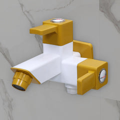 Plantex PTMT EDS-127 Two-way Bibcock Water Tap with Plastic Wall Flange & Teflon Tape/ 2-way Angle Valve with Attachment for Health Faucet (Yellow & White)