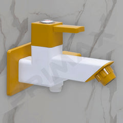 Plantex PTMT EDS-127 Two-way Bibcock Water Tap with Plastic Wall Flange & Teflon Tape/ 2-way Angle Valve with Attachment for Health Faucet (Yellow & White)