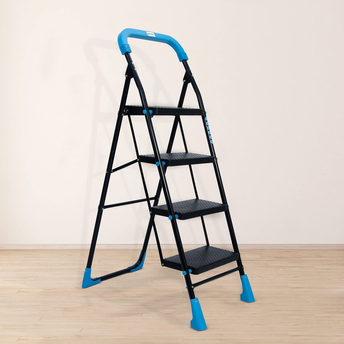 Plantex Heavy-Duty Mild-Steel Stylo Folding 4 Step Ladder for Home with Advanced Locking System - 4 Wide Step Ladder/Anti Skid Step Ladder(Black & Blue)