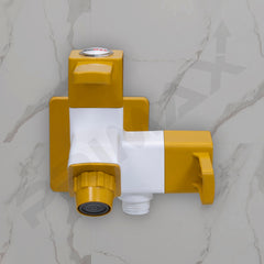 Plantex PTMT EDS-127 Two-way Bibcock Water Tap with Plastic Wall Flange & Teflon Tape/ 2-way Angle Valve with Attachment for Health Faucet (Yellow & White)