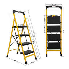 Primax Heavy-Duty GI-Steel Ladder Safety-Clutch Lock and Tool Tray/Step Ladder for Home - 4 Step (Squaro-Black&Yellow)