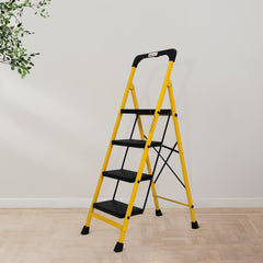 Primax Heavy-Duty GI-Steel Ladder Safety-Clutch Lock and Tool Tray/Step Ladder for Home - 4 Step (Squaro-Black&Yellow)