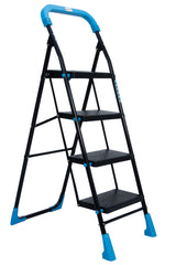 Plantex Heavy-Duty Mild-Steel Stylo Folding 4 Step Ladder for Home with Advanced Locking System - 4 Wide Step Ladder/Anti Skid Step Ladder(Black & Blue)