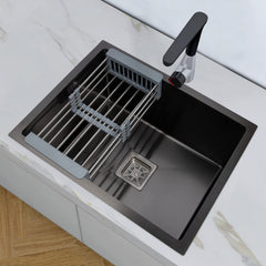 Plantex Stainless Steel Kitchen Sink/Single Bowl Handmade Kitchen Sink with Multi-Functional Drying Rack, Hose Pipe and Square Coupling – Nano Black Finish (24 x 18 inches)