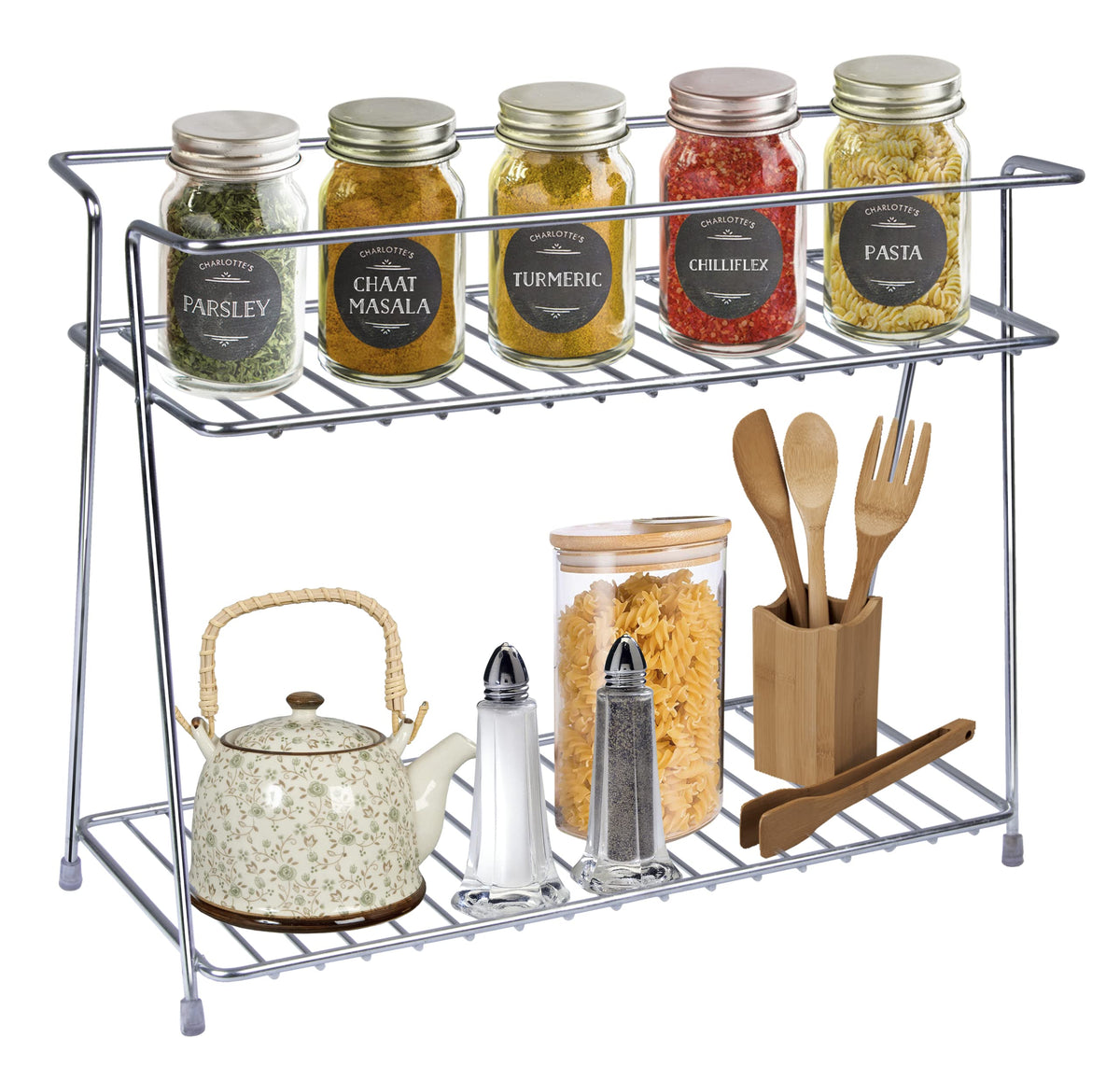 Plantex Heavy Duty Stainless Steel 2-Tier Kitchen Rack/Storage Shelf/Spice Jar Rack - Multipurpose Storage Rack for Kitchen (Chrome)