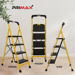 Primax Heavy-Duty GI-Steel Ladder Safety-Clutch Lock and Tool Tray/Step Ladder for Home - 4 Step (Squaro-Black&Yellow)