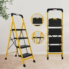 Primax Heavy-Duty GI-Steel Ladder Safety-Clutch Lock and Tool Tray/Step Ladder for Home - 4 Step (Squaro-Black&Yellow)