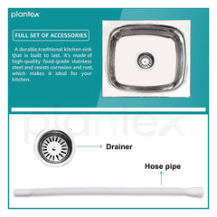 Plantex Stainless Steel Kitchen Sink/Single Bowl Kitchen Sink with Hose Pipe and Round Coupling - Flush Mount/Under Mount/Top Mount - (Chrome - 18x16 inch)