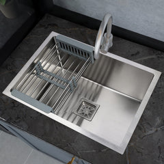 Plantex Stainless Steel Kitchen Sink/Single Bowl Handmade Kitchen Sink with Multi-Functional Drying Rack, Hose Pipe and Square Coupling – Matt Finish (24 x 18 inches)