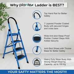 Plantex Premium Steel Foldable 4-Step Ladder for Home - Wide Anti Skid Step Ladder (Blue & Black)