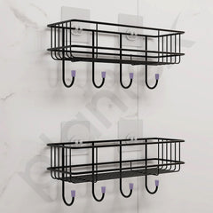 Plantex GI Steel Self-Adhesive Multipurpose Bathroom Shelf with Hooks/Towel Holder/Rack/Bathroom Accessories - Wall Mount - Pack of 2 (Black,Powder Coated)