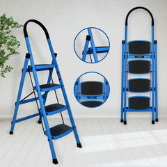 Plantex Premium Steel Foldable 4-Step Ladder for Home - Wide Anti Skid Step Ladder (Blue & Black)