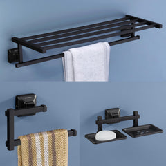 Plantex 304 Grade Stainless Steel Bathroom Accessories Set of 3 - Towel Stand/Napking Hanger/Dual Soap Holder for Bathroom - Squaro (Black)