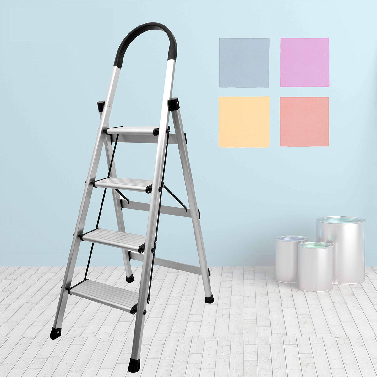 Plantex Premium Folding Aluminium Ladder for Home Use/Wide Anti Skid Step Ladder(Anodize-Silver) (Aluminum, 4 Step)