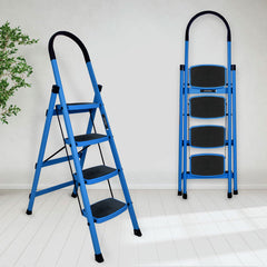 Plantex Premium Steel Foldable 4-Step Ladder for Home - Wide Anti Skid Step Ladder (Blue & Black)