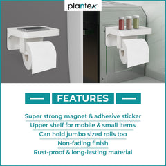 Plantex ABS Plastic Toilet Paper Holder for Bathroom/Magnetic and Shelf-Adhesive Tissue Paper Roll Holder for Toilet - Pack of 1 (White)