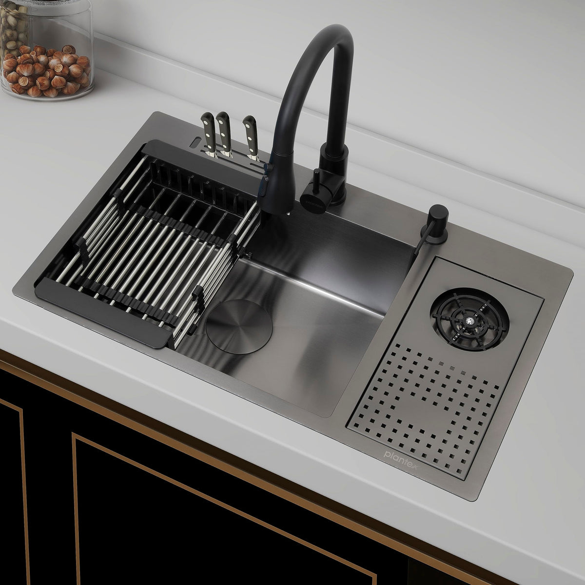 Plantex 304 Grade Stainless Steel Kitchen Sink With Integrated Waterfall/Faucet & Dustbin/Glass Washer & Drain Basket (Nano-black)