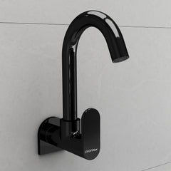 Plantex Pure Brass ORN-210 Sink Cock with (360 Degree) Swivel Spout/Single Lever Sink Tap for Kitchen Faucet with Teflon Tape & Wall Flange - Wall Mount (Black Glossy Finish)