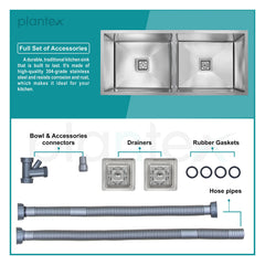 Plantex Kitchen Sink/Stainless Steel Double Bowl Handmade Kitchen Sink with Drain Rack, Hose Pipe, Square Coupling And Other Accessories – Matt Finish (45 x 20 inches)