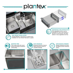 Plantex 304 Grade Stainless Steel Single Bowl Handmade Kitchen Sink With Drain Rack - Flushmount/ Undermount/ Top Mounted - Chrome Finish (24x18 Inches)