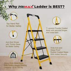 Primax Heavy-Duty GI-Steel Ladder Safety-Clutch Lock and Tool Tray/Step Ladder for Home - 4 Step (Squaro-Black&Yellow)