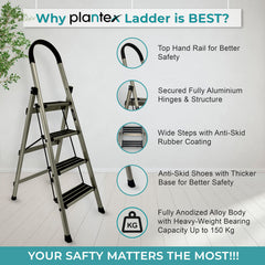 Plantex Ladder for Home-Foldable Aluminium 4 Step Ladder-Wide Anti Skid Steps (Anodize Coated-Gold)