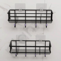 Plantex GI Steel Self-Adhesive Multipurpose Bathroom Shelf with Hooks/Towel Holder/Rack/Bathroom Accessories - Wall Mount - Pack of 2 (Black,Powder Coated)