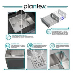 Plantex Stainless Steel Kitchen Sink/Single Bowl Handmade Kitchen Sink with Multi-Functional Drying Rack, Hose Pipe and Square Coupling – Matt Finish (24 x 18 inches)