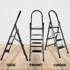 Plantex Ladder for Home-Foldable Steel 4 Step Ladder-Wide Anti Skid Steps (Gray & White)