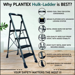 Plantex Heavy-Duty Mild-Steel Hulk Folding 4 Step Ladder for Home with Advanced Locking System -Anti Slip 4 Wide Step Ladder(Web-Grey)