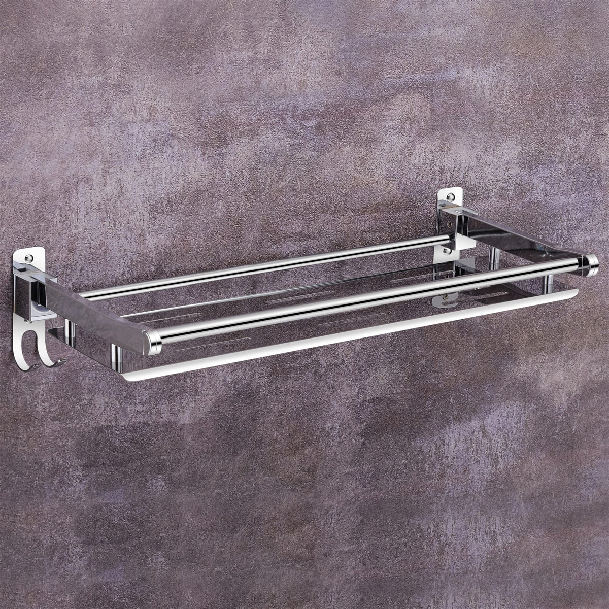 Plantex Elegant Stainless Steel Multipurpose Folding Bathroom Shelf Rack for Wall/Towel Rack with Towel Hooks/Bathroom Accessories(Chrome Finish)